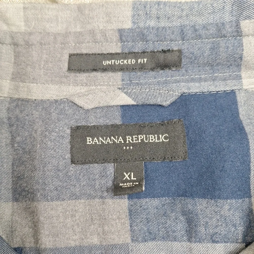 NEW‎ Banana Republic XL Untucked Slim Fit Flannel Shirt Mens Blue Grey Plaid NOS